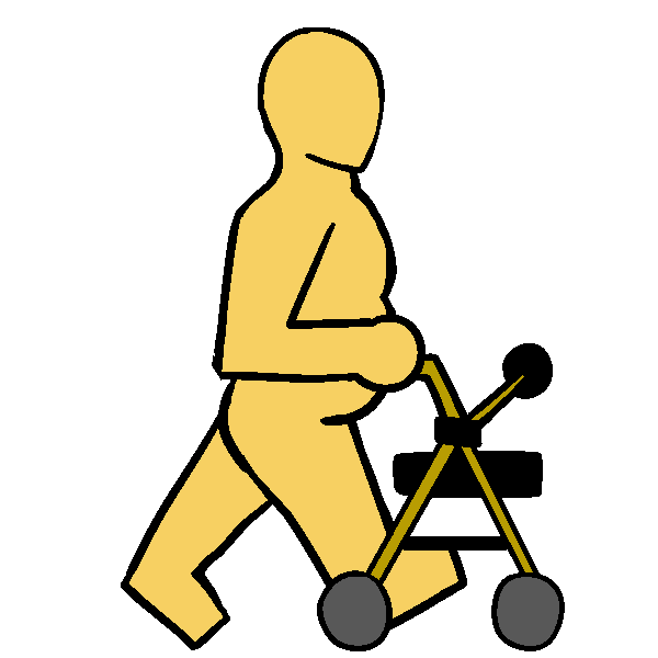 A yellow fat person walking with a yellow rollator.